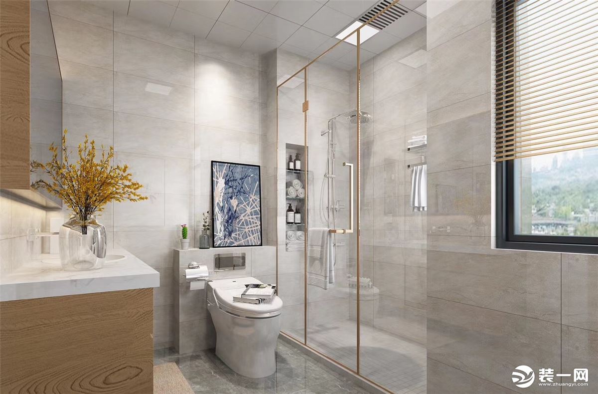 金边卫浴玻璃门让卫生间干湿分离，结合大理石地砖墙砖让空间高端大气。