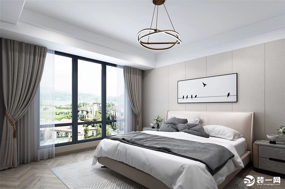 此卧室采用简洁白色为基调，结合大落地窗的光线空气通透的特点，让空间宽敞明亮，皮质床和硬包墙面相得益彰