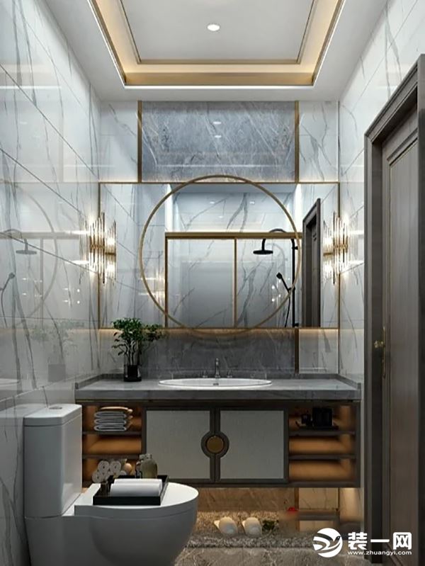 卫生间有高级的品位和韵味，是新中式的轻奢风，融入轻奢风的金属质感，美得惊艳！