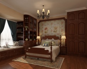 主卧为中式风设计，实木家具和书柜装饰凸出了空间的优雅和沉稳。