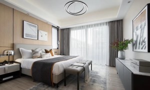 卧室沿用客厅的天花布局，加入饱和以及中性的颜色，使空间安逸舒适。
