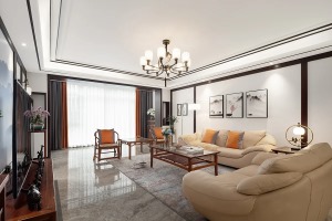 客厅加入时尚爱马仕橙碰撞新中式，赋予家居时尚气息。