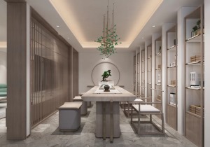 茶室和客厅相连，隔墙做栅栏式设计，不仅扩大待客空间，且空间分明。