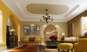首创国际半岛350㎡别墅东南亚风格装修效果图地下一楼客厅