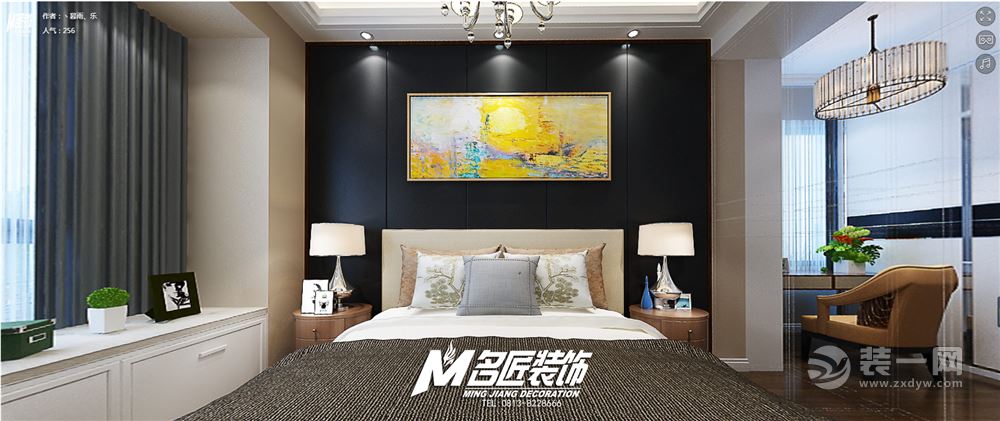 卧室装饰简洁大方，床上用品与客厅保持一致，色彩冷静，再加上休闲的飘窗台，让整个空间显得更舒适惬意。