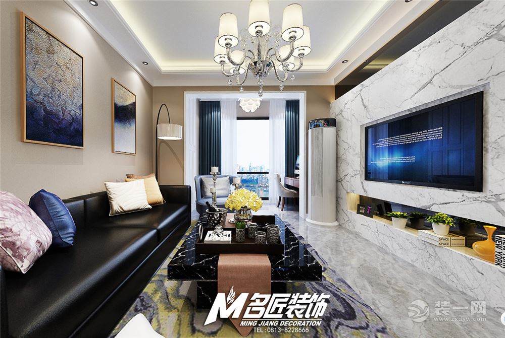 客厅以简洁明快的设计风格为主调，实用为基本特点。空间开敞、明亮，家居配饰简约富有质感。电视背景墙处理