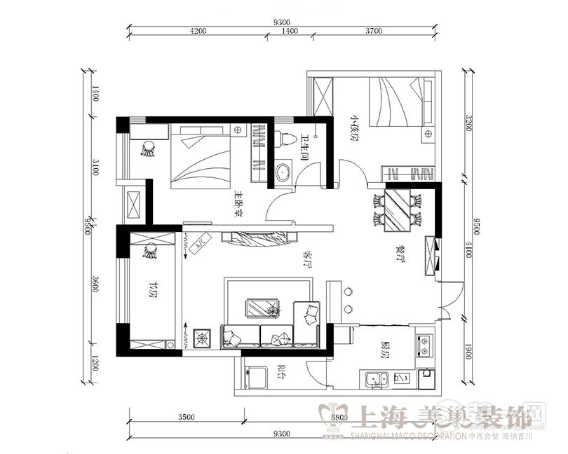 3郑州金域上郡89平三居室现代简约装修户型平面图