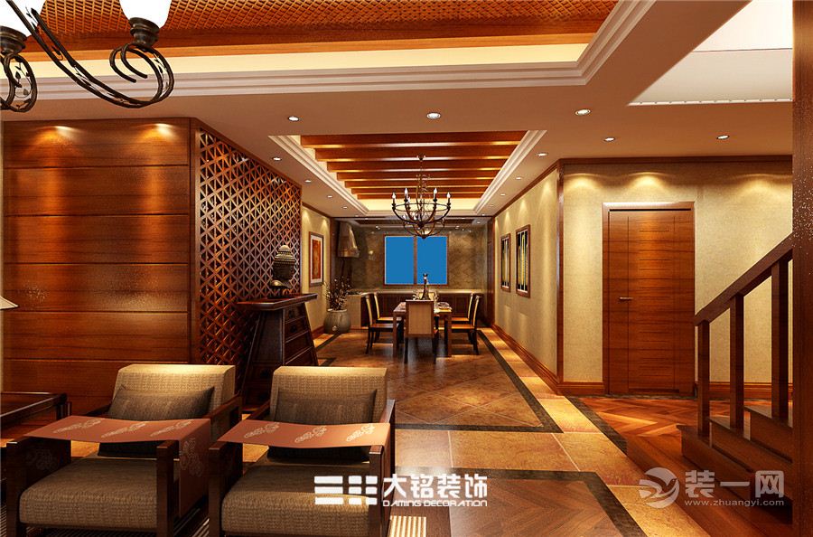 郑州荣域福湾样板房复式200平东南亚风格一楼客厅1