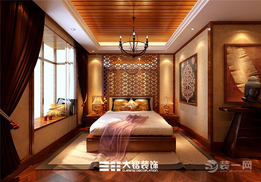 郑州荣域福湾样板房复式200平东南亚风格一楼客房