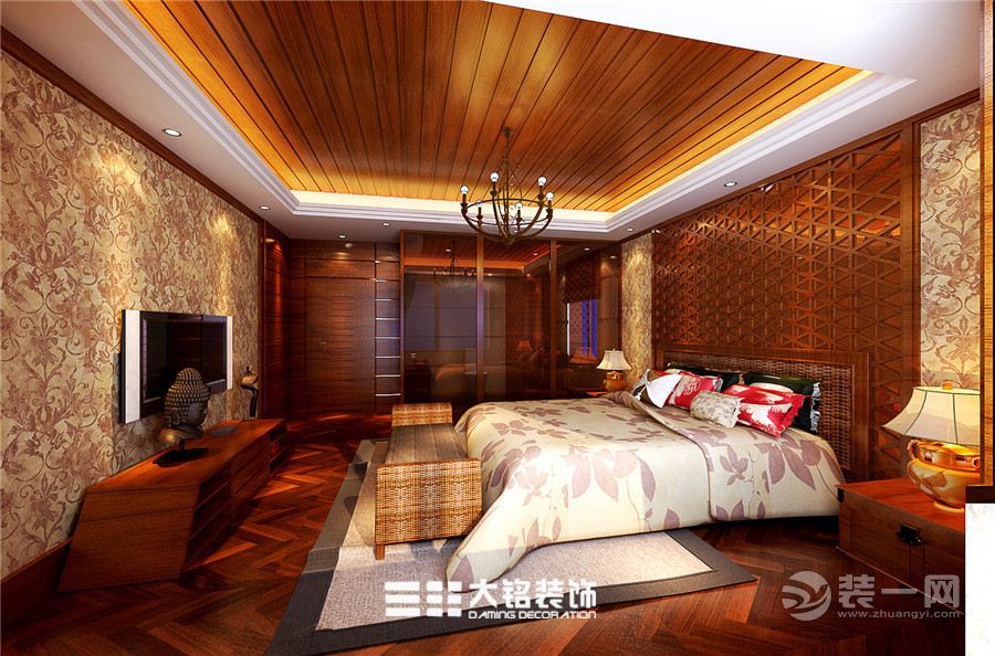 郑州荣域福湾样板房复式200平东南亚风格一楼主卧室