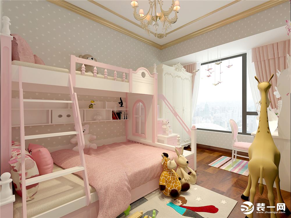 女儿房已粉色调的高低床凸显出少女的温文儒雅