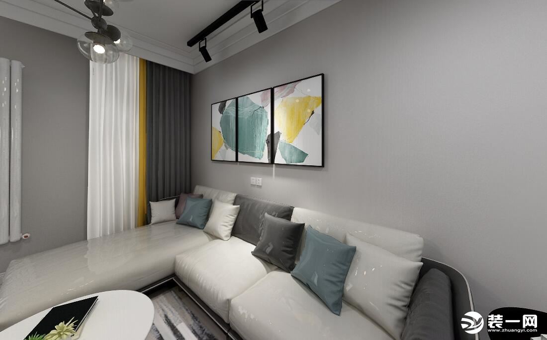 客厅局部【沙发背景墙、吊顶等】现代与自然元素相结合，温暖的色调一致搭配。