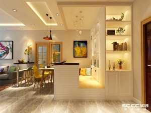 客厅增加储物及休息区，半墙处理即划分空间同时增加空间通透感