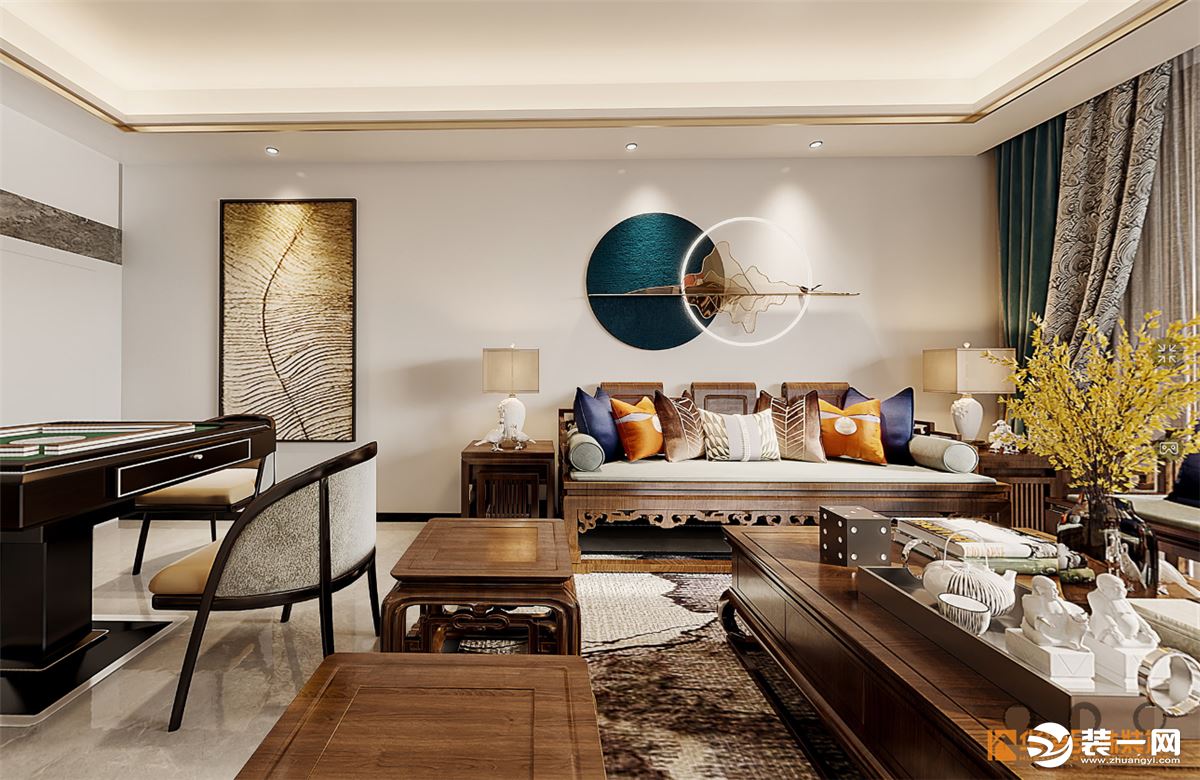 客厅 中式设计风格，安静的材质，素雅的色调