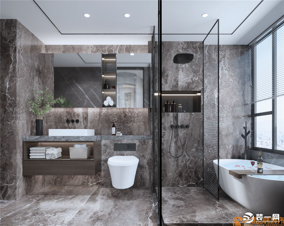 卫生间采用干湿分离，淋浴跟泡澡分离，搭配大理石的纹理，凸显了新中式的奢华感