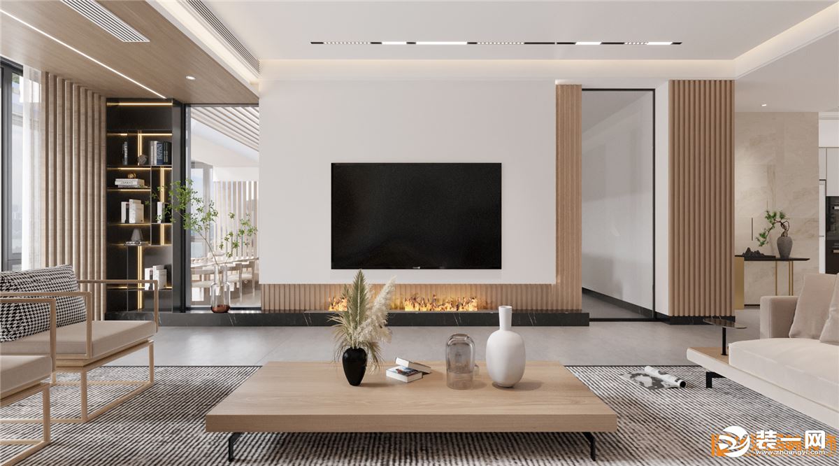 客厅背景墙实用了实木格栅，可以衬托出很好看的立体感和空间感。