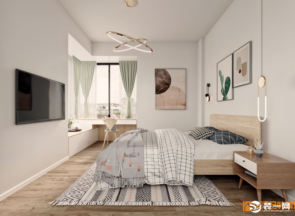 整体空间较为淡雅，纯粹的白色、细腻的家居以及丝滑柔软的床品令空间温暖而优雅。