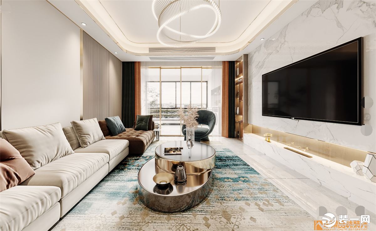 客厅以现代风的硬装基础在色调和线条方面以白色、棕色设计，加以沙发地毯的色彩搭配，呈现出优雅时尚的高级