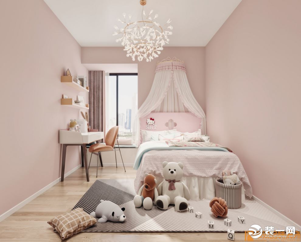 女孩子的儿童房间主要以粉嫩的粉色搭配艺术的吊灯，搭以可爱的软饰，让空间更加温馨可爱