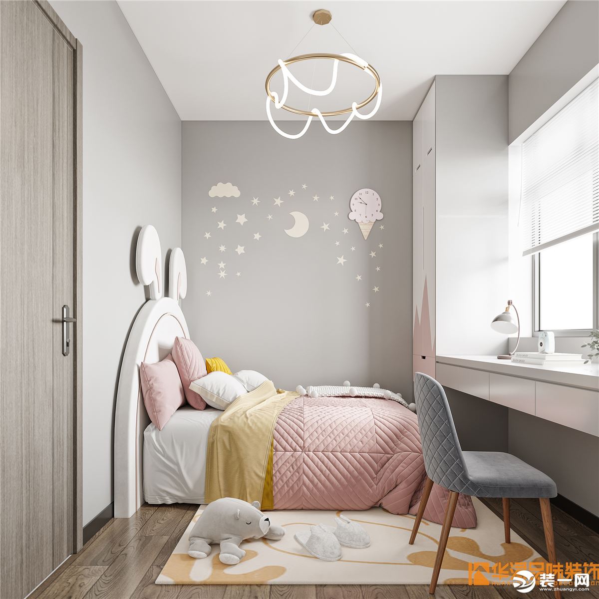 女孩子的房间用一些粉嫩的颜色会特别可爱，儿童房会比较用心在软饰搭配，背景墙和灯饰还有色系的搭配