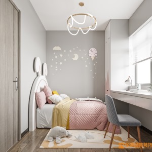 女孩子的房间用一些粉嫩的颜色会特别可爱，儿童房会比较用心在软饰搭配，背景墙和灯饰还有色系的搭配