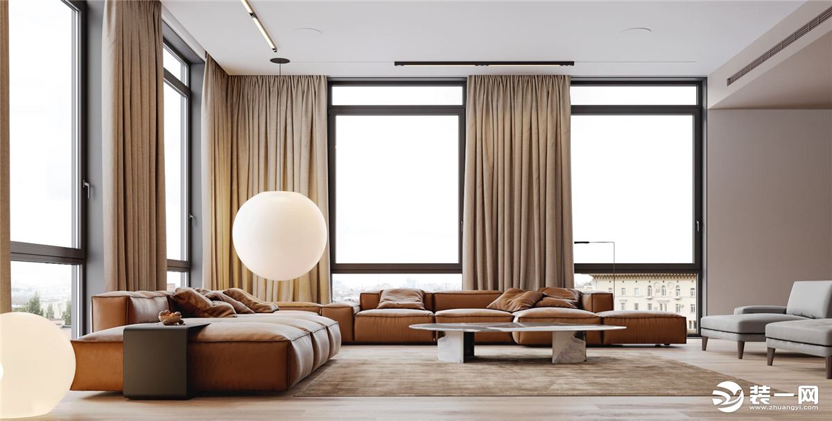 以浅色作为主色调，皮质的橙色沙发，组合搭配可以自由放松的坐着，