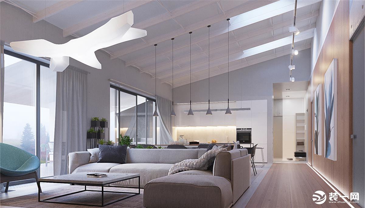 客厅，倾斜的屋顶搭配灰白色沙发，空间层次感随着光影交织浮动。在灰色空间基础上，白色天花板搭配多个照明