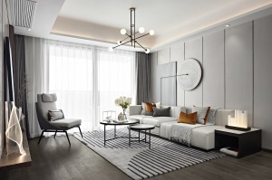 客厅以米色为基础色，线条的点缀与搭配，让空间展现简单与舒适，加上落地窗设计，也增添明亮。