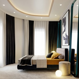 卧室简单的空间搭配，没有主灯以灯带而代替，也使得空间明亮而舒适。
