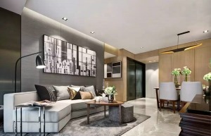 客厅的整体效果看起来较为简洁流畅，品质感很强的沙发背景墙以及时尚灯具，搭配上白色的座椅，不仅中和空间