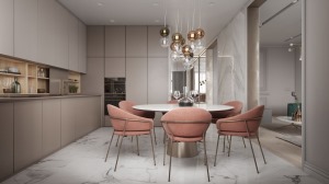 餐厅采用圆桌，纯白色大理石的台面与金属的结合，搭配上粉色靠背椅，以丝绒材质带来优雅、浪漫。