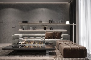 客廳使用木質地板，咖啡色的沙發、地毯與窗簾的顏色相互搭配，舒適的色調，感受到慵懶與放松。