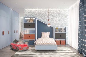 儿童房以蓝色为主调，搭配粉白色的床饰与吊灯，可爱粉嫩。