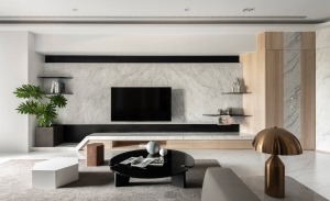 电视背景墙选择大理石为背景，搭配木饰面的点缀，色调舒适、安静，又不失大气