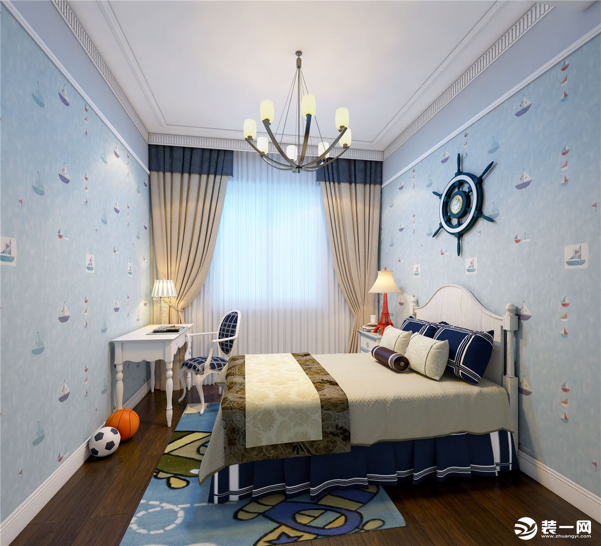 孩子房选择了蓝色系的一款水手主题壁纸，搭配了白色实木家具，整体空间清清爽爽、干干净净非常符合孩子房的