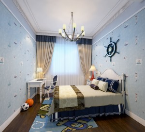 孩子房選擇了藍色系的一款水手主題壁紙，搭配了白色實木家具，整體空間清清爽爽、干干凈凈非常符合孩子房的
