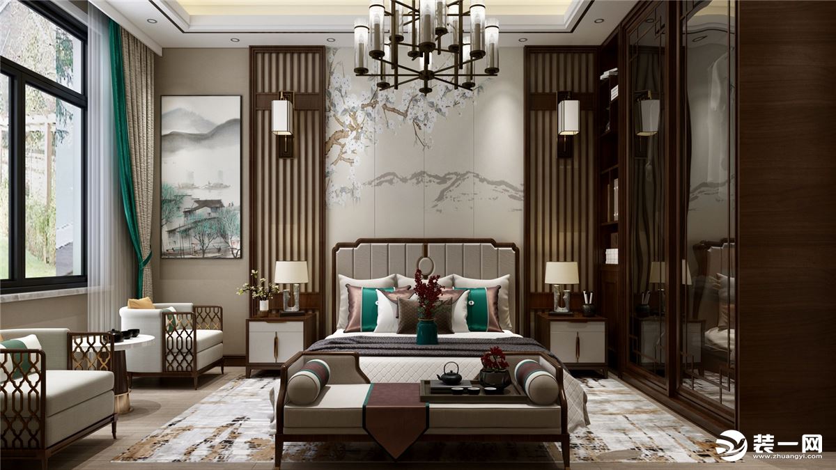 主卧室是套间的形式，中式简洁的家具来呼应客厅的中式风格，墙面运用了硬包和壁纸的结合。