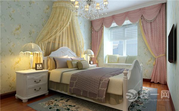 以浪漫为主，运用简欧的白色家具，墙面以淡蓝色印花壁纸相配，配以羊毛地毯和温馨靠枕点缀少女的浪漫空间，