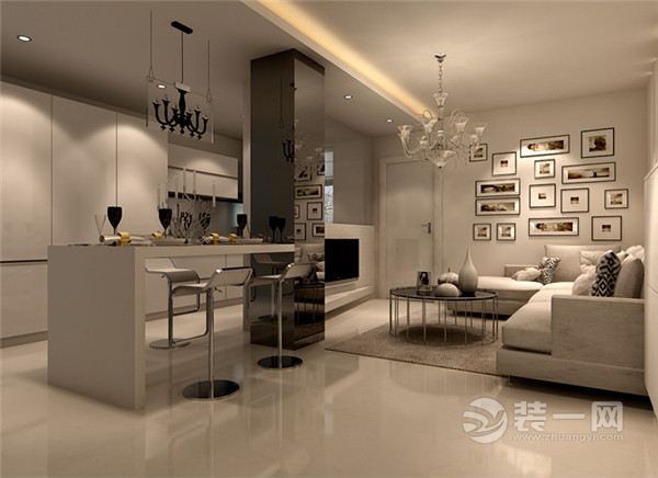 客厅整体以灰白色调为主，搭配浅色的不与沙发，体现了现代的极简生活	电视背景墙与厨房设计成一个整体，是