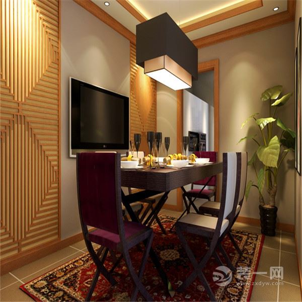 餐厅：主要采用木线来作为整个空间的主要装饰贯穿元素。樱桃木色结合少量的米色理石就诞生了整个新中式空间