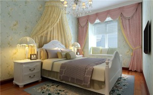 以浪漫為主，運用簡歐的白色家具，墻面以淡藍色印花壁紙相配，配以羊毛地毯和溫馨靠枕點綴少女的浪漫空間，
