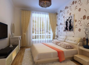 室氛围则更加温馨，米色花纹的床头背景墙用以黑色的相框点缀，米色的床上用品和窗帘，与黑白色的电视柜、梳