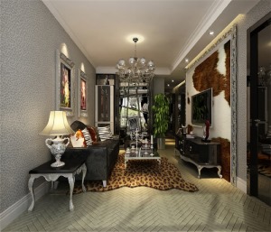 客厅：黑白调子贯穿空间，配合材质镜面，兽皮壁纸及地毯，让空间更为夸张生动。