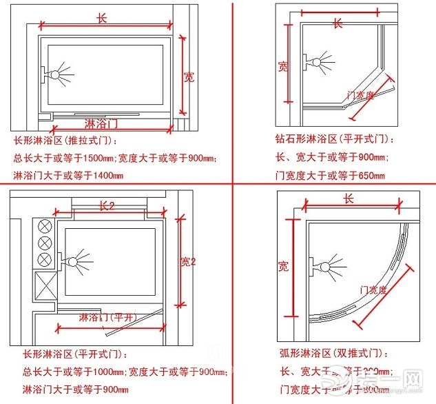 弧形淋浴区:这款与钻石形比较相似,同样是在较小的卫生间里使用,且这