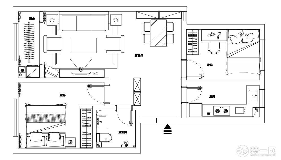 青岛午山社区75㎡二居室新中式风格户型图