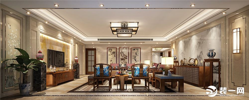 惠州浩天装饰中信水岸城271平新中式风格客厅效果图