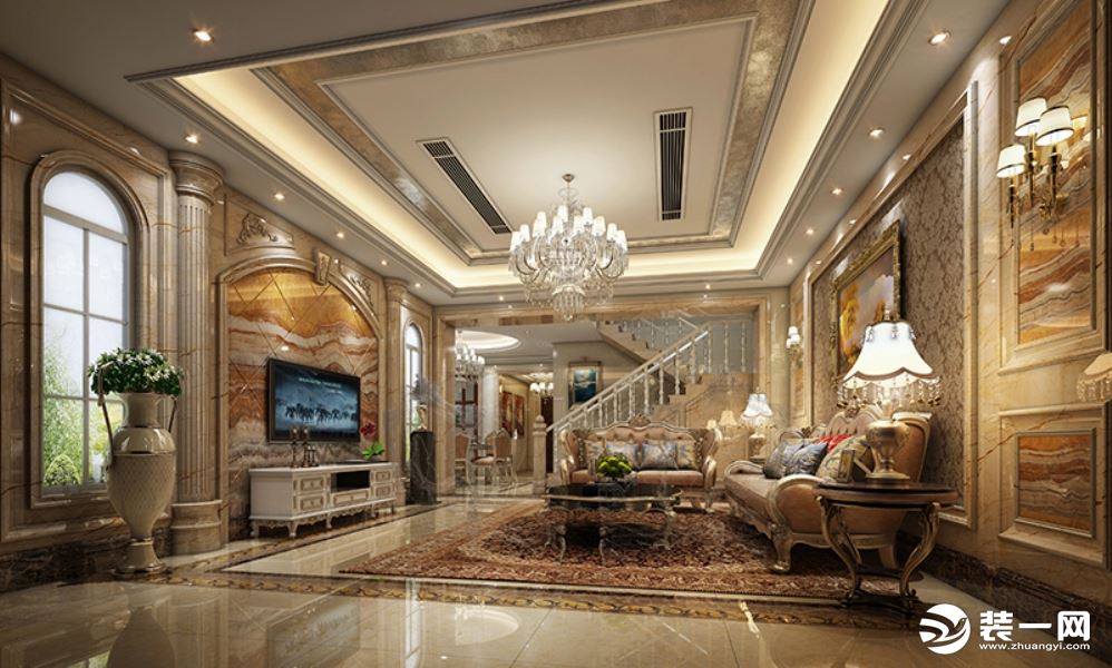 惠州浩天装饰370平珑湖湾别墅古典欧式风格客厅效果图