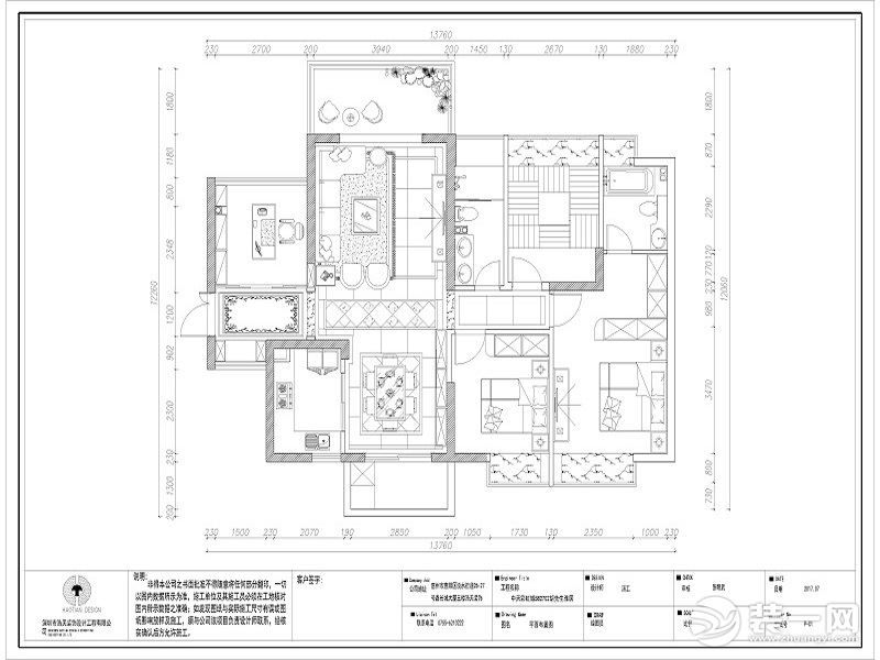 惠州浩天装饰中天彩虹城140平简欧风格平面方案