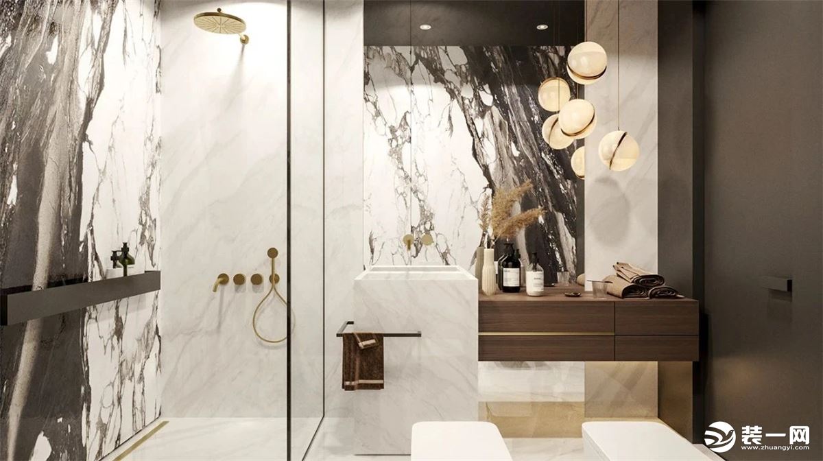 浴室全貌——1-浴室选择了黑白大理石，白色的大理石中包含水墨状的黑，彰显空间的视觉张力。金属色的球型