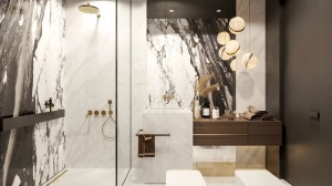 浴室全貌——1-浴室选择了黑白大理石，白色的大理石中包含水墨状的黑，彰显空间的视觉张力。金属色的球型